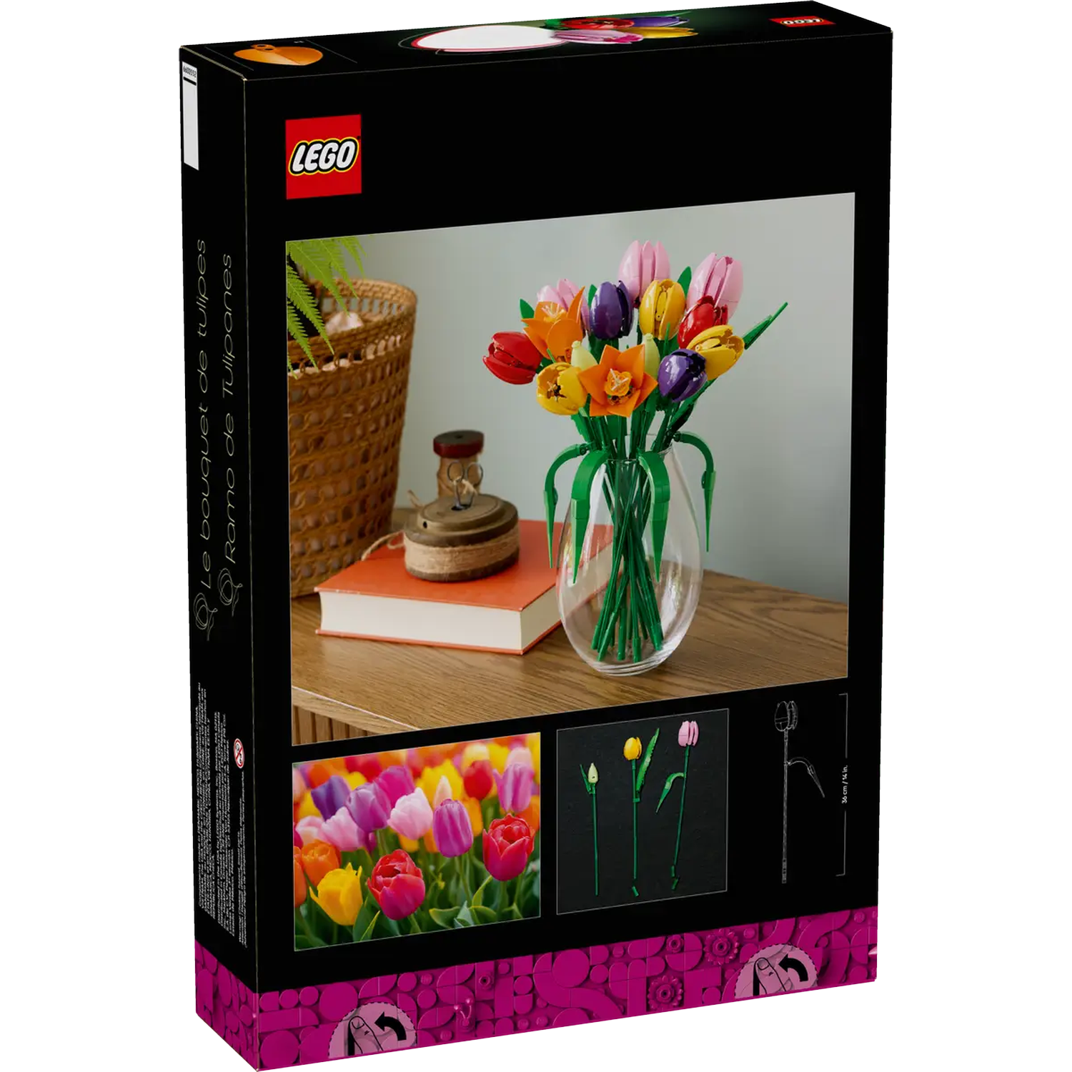 Een Lego-doos toont een tulpenboeket in een vaas. Kleuren: roze, oranje, geel, paars. Overige: mand, boek en een klein metalen voorwerp.