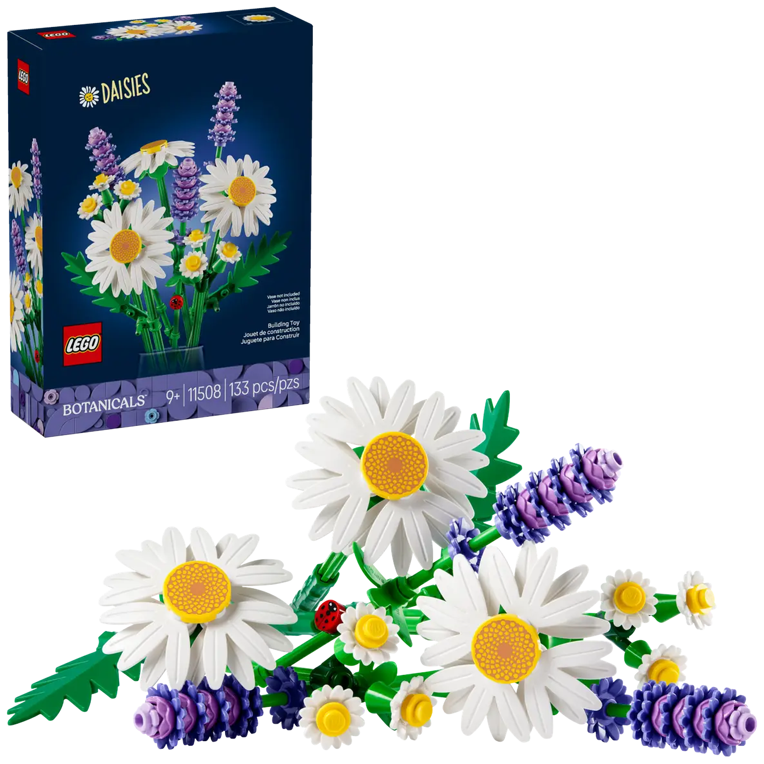 LEGO-set van madeliefjes, lavendel en een lieveheersbeestje. De set wordt weergegeven naast de doos met het LEGO-logo en setdetails.