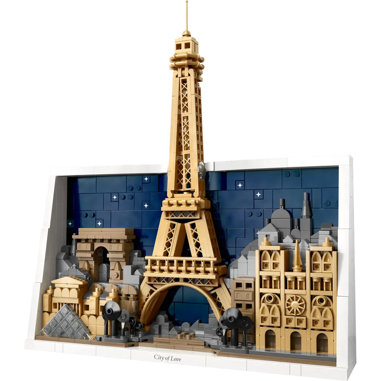 A Lego model of Paris featuring the Eiffel Tower, Arc de Triomphe, and other landmarks. It's set against a night sky backdrop.