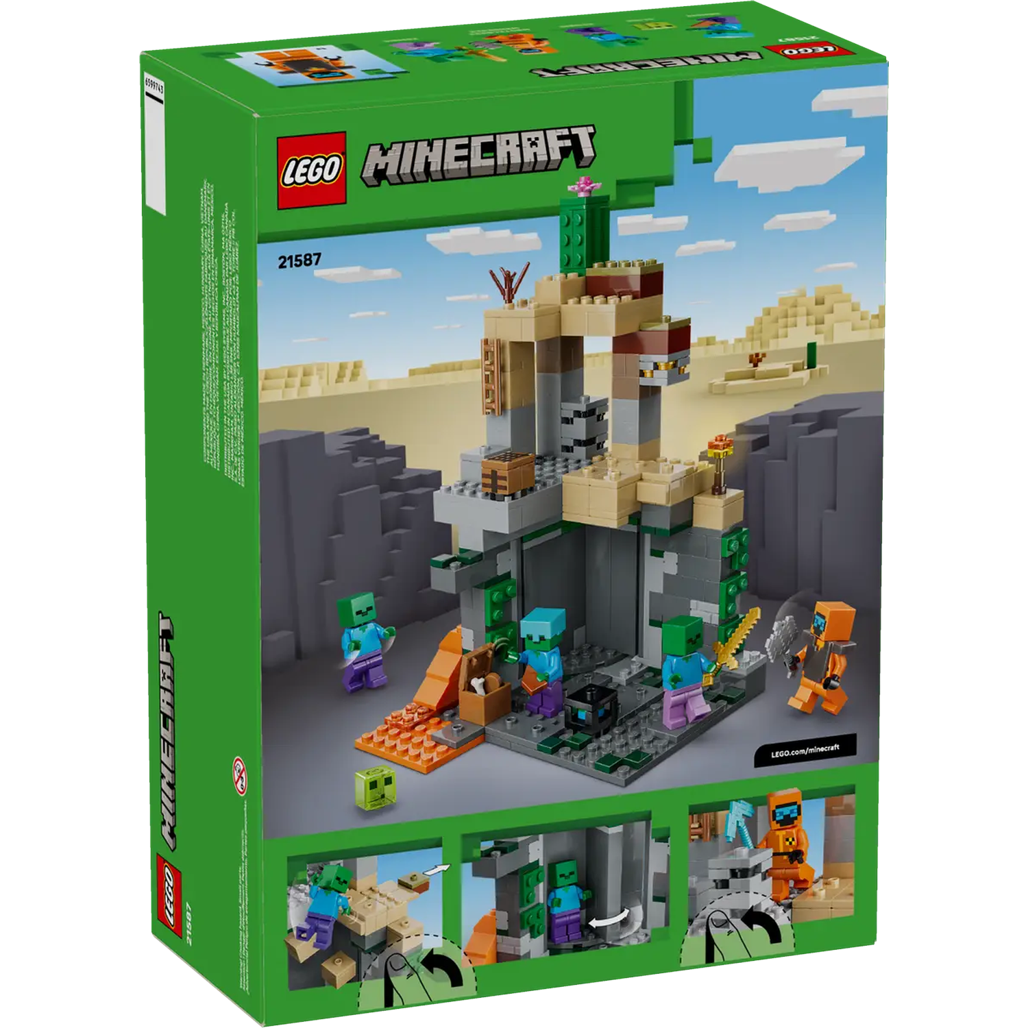 Minecraft LEGO-set doos. Toont een woestijnscène met een structuur, zombies en een speelfiguur. Groene doos met logo.
