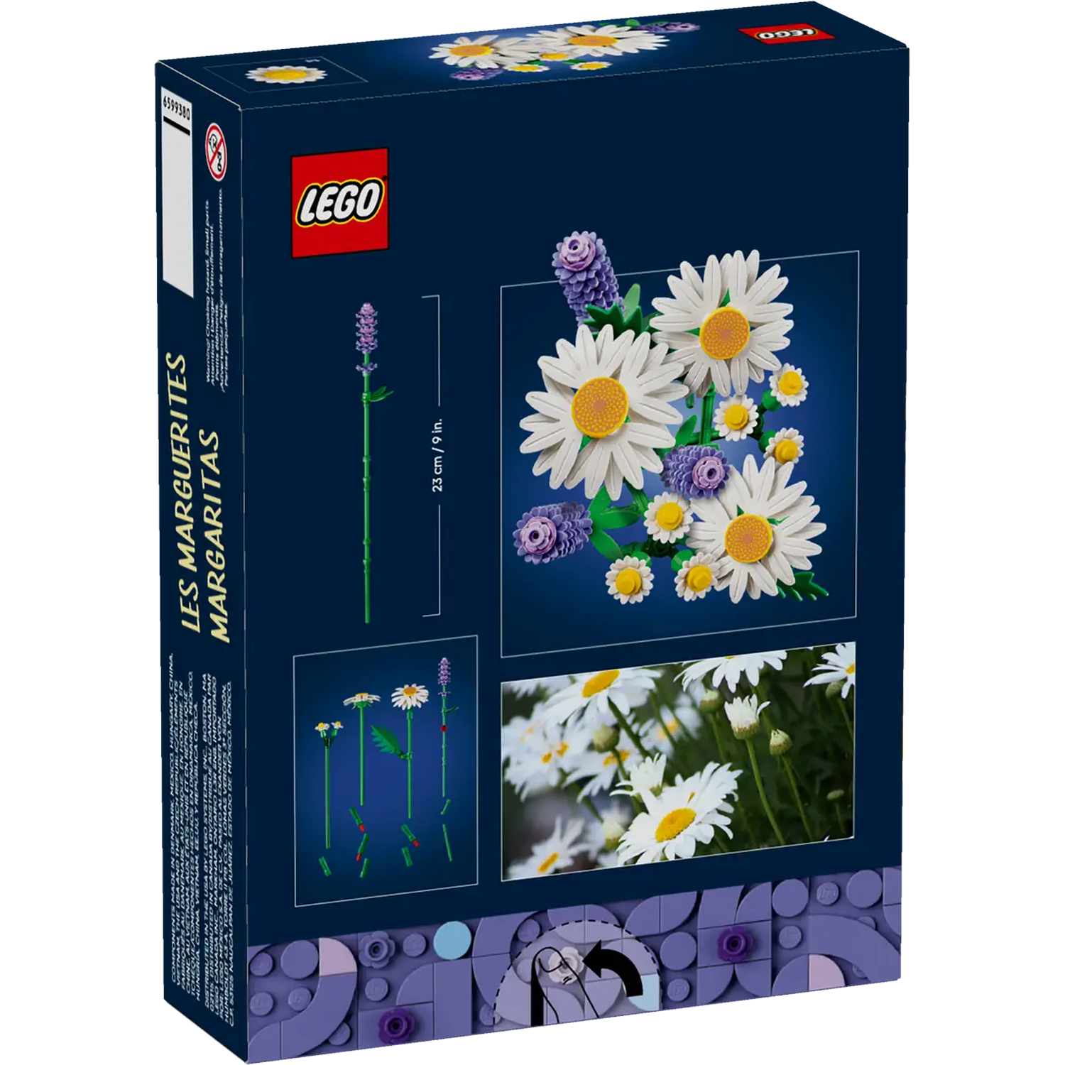 Doos van de Lego-set 'Les Marguerites'. Toont een diagram van madeliefjes. Het Lego-logo is zichtbaar.