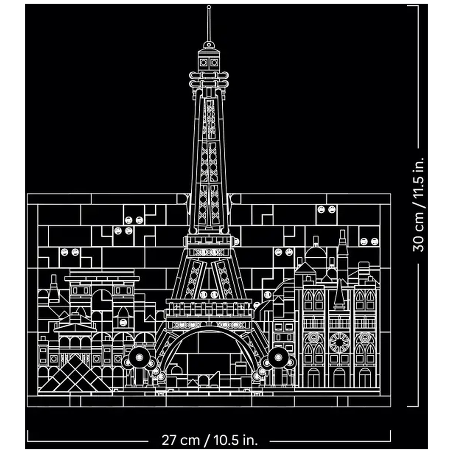 A white line drawing of Paris landmarks on a black background. Includes the Eiffel Tower, Arc de Triomphe, and other buildings.