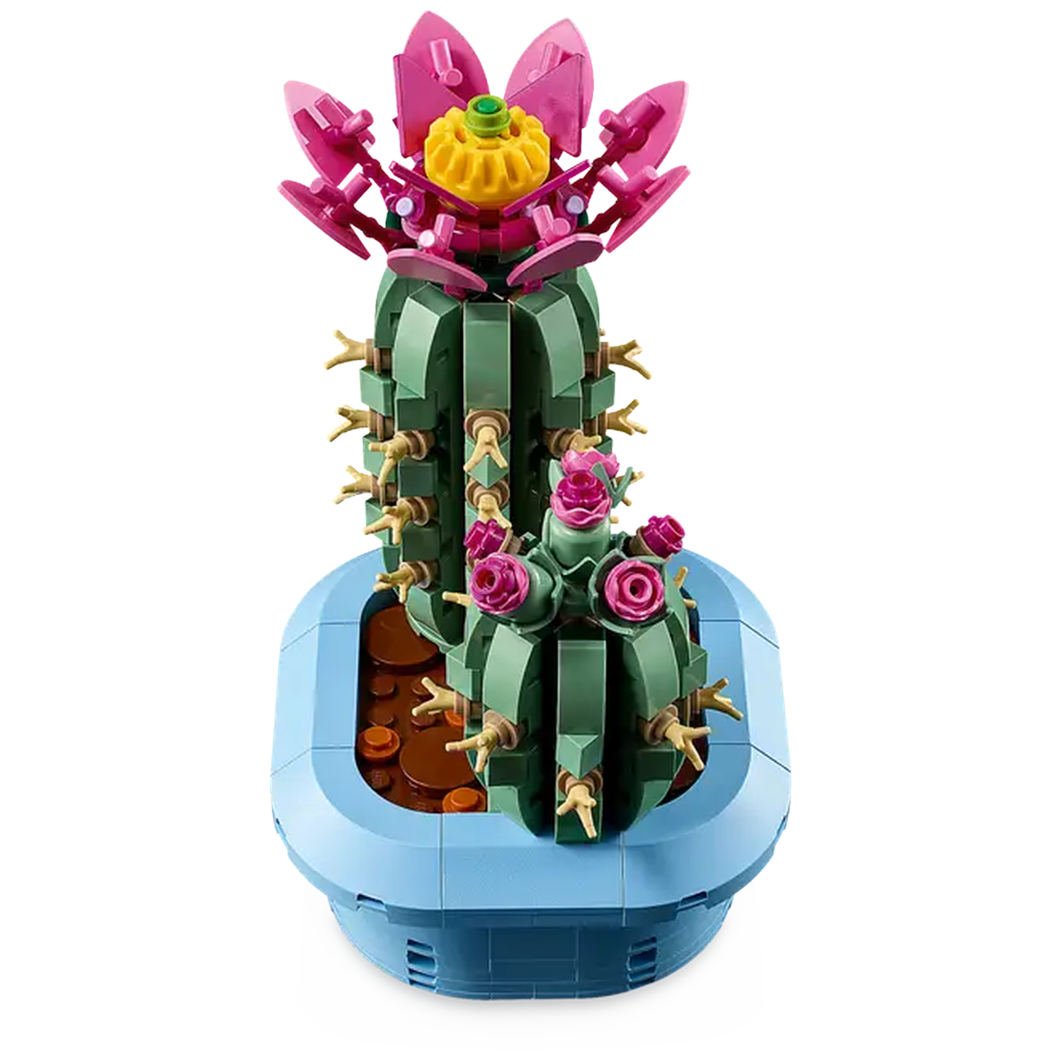 A Lego cactus in a blue pot. The cactus is green with pink flowers and a yellow center. Brown soil is visible.
