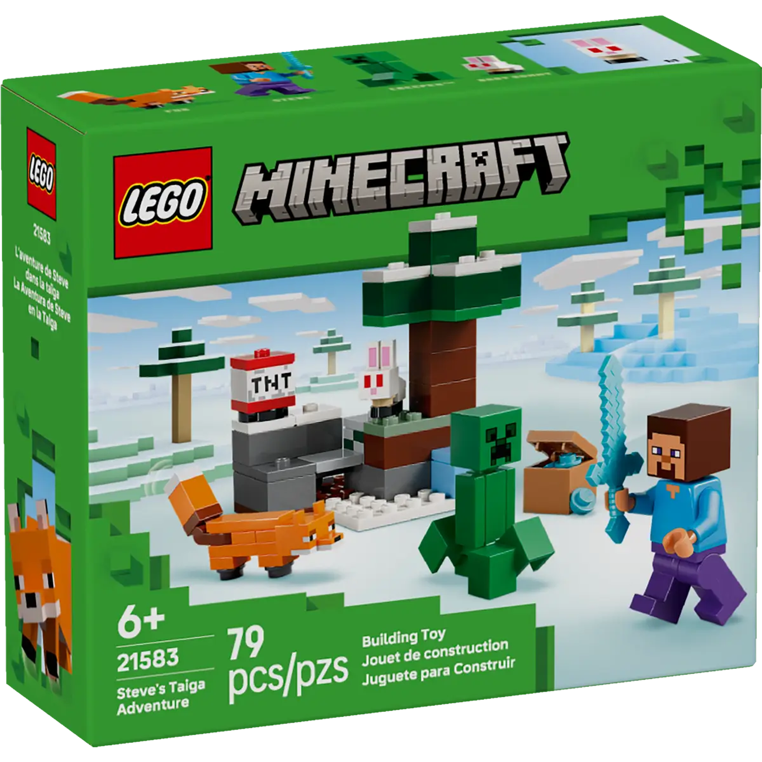 Lego Minecraft box set. Features Steve with sword, Creeper, fox, bunny, and a TNT block, set in a snowy taiga landscape.