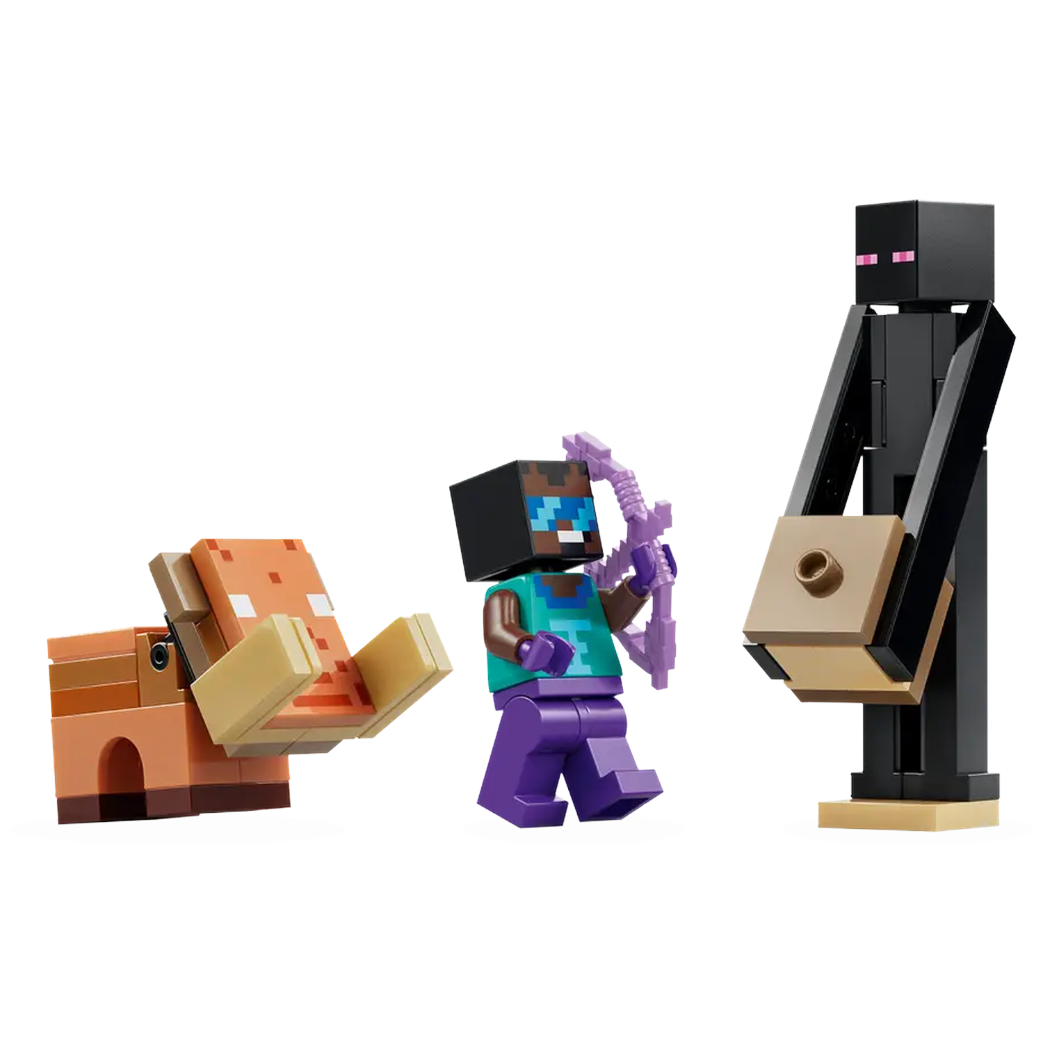 Minecraft Lego set: Pig, Steve with bow, and Enderman. Steve is purple pants, blue shirt. Enderman is black, carrying a block.
