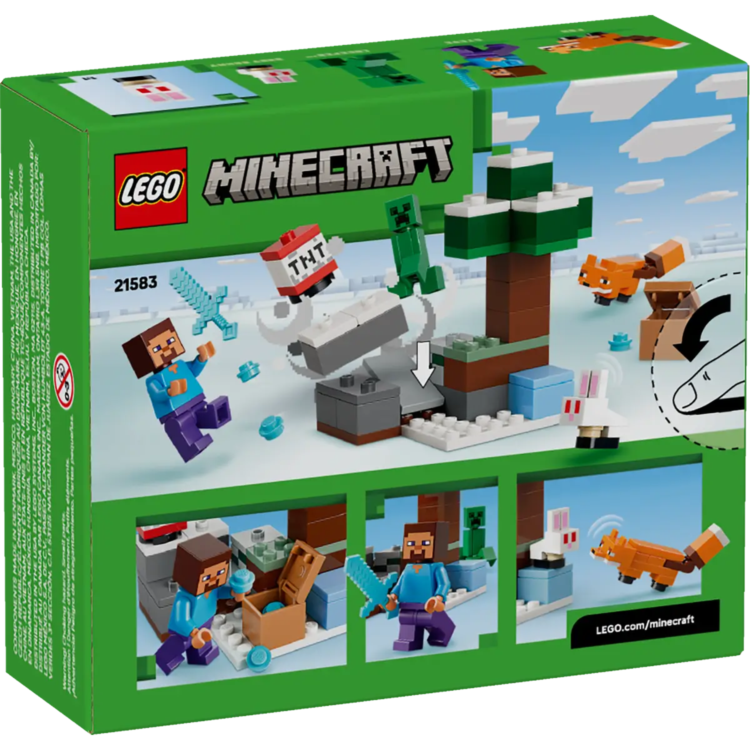 Lego Minecraft set box. Steve with sword, creeper, fox, rabbit, TNT, and a tree on a snowy landscape.