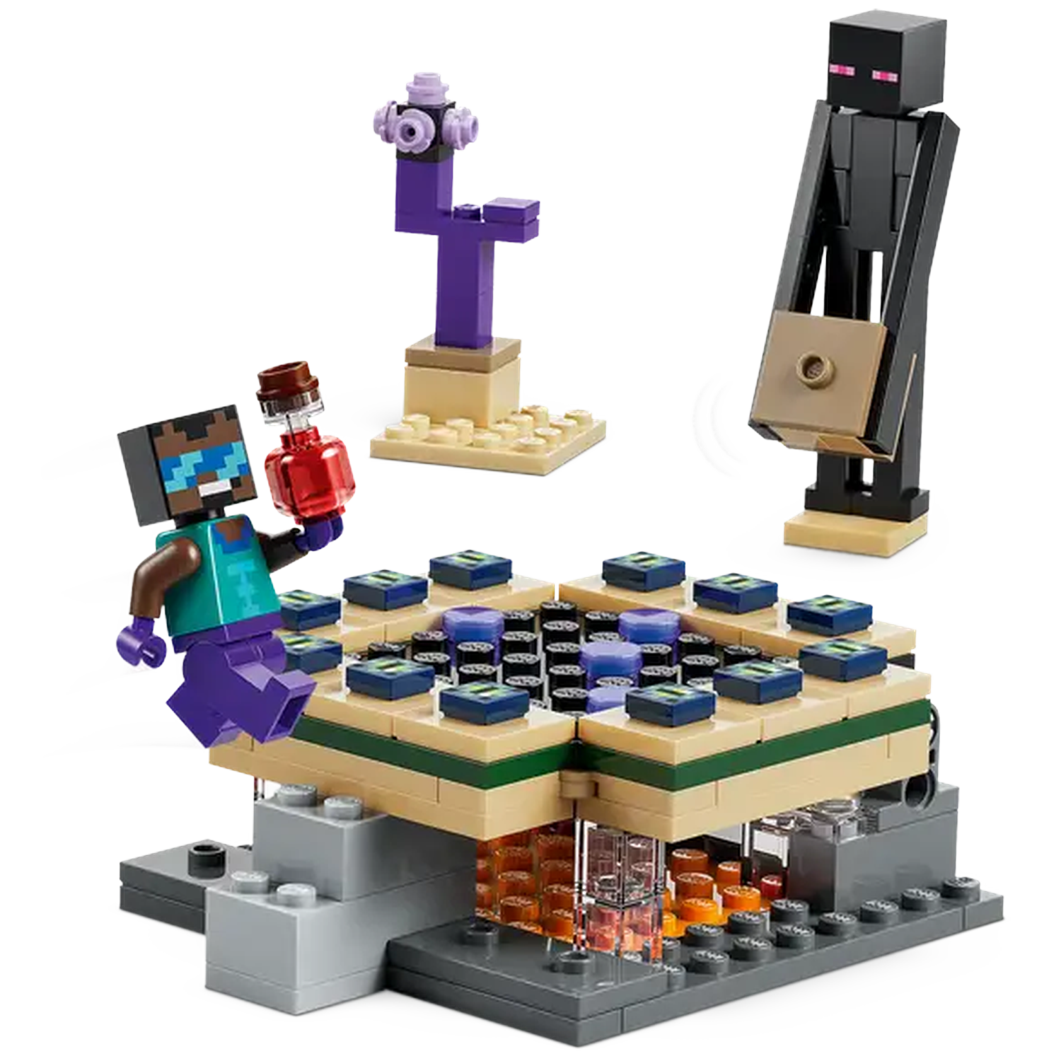 Minecraft Lego set with Steve, Enderman, and structures. Steve holds a potion. The Enderman holds a block. Structures are present.