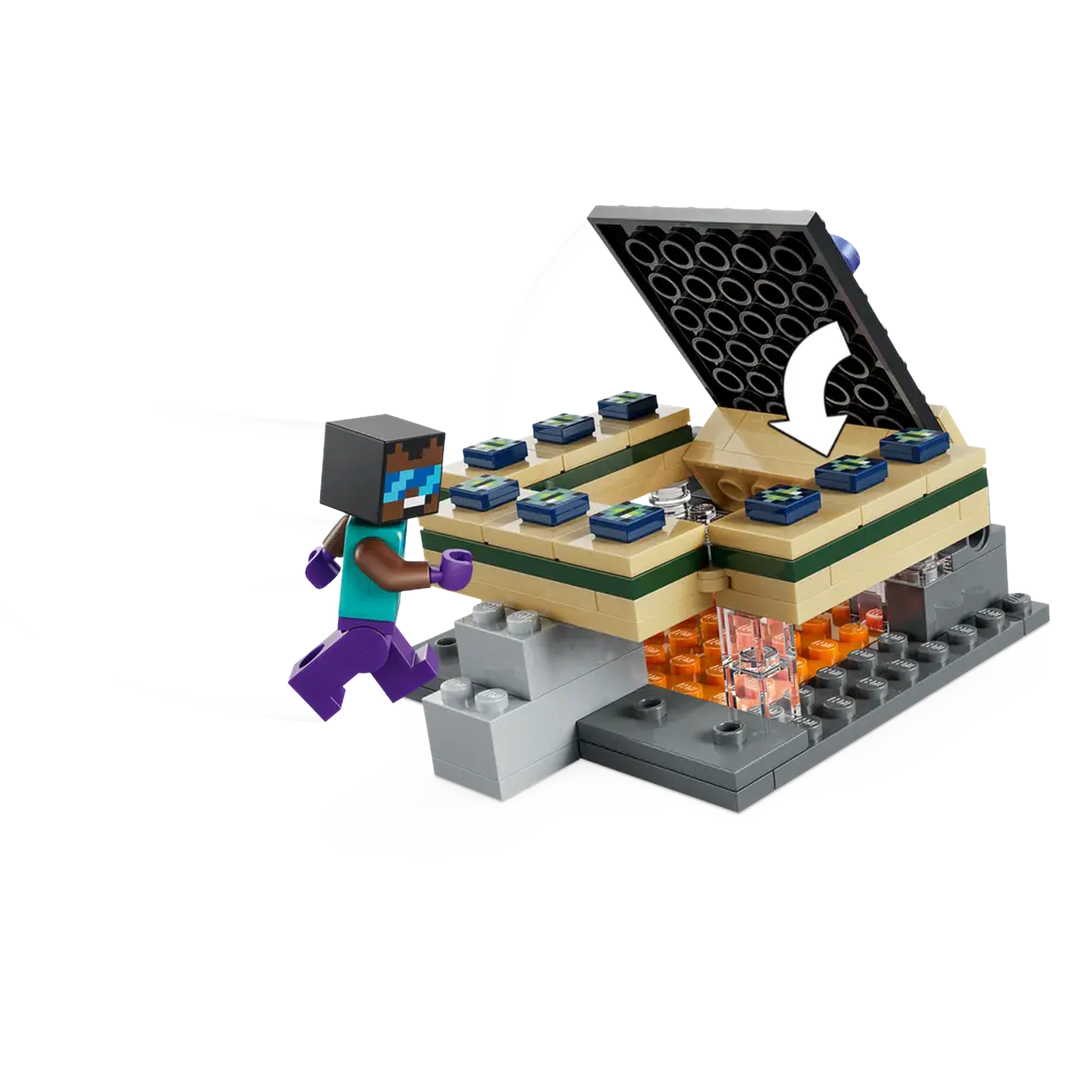 Minecraft Lego set with a character running towards a chest. The chest is open with a black lid and blue accents.