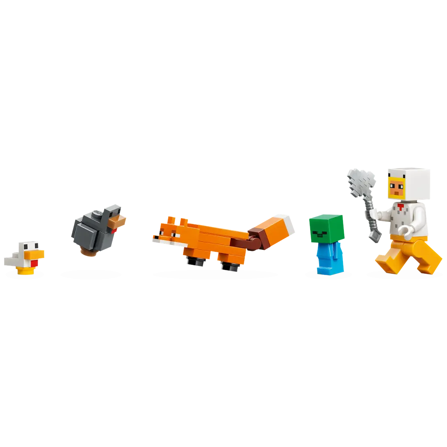 Minecraft Lego-set met een kip, wolf, vos, zombie en een personage met een gereedschap. Alles op een witte achtergrond.