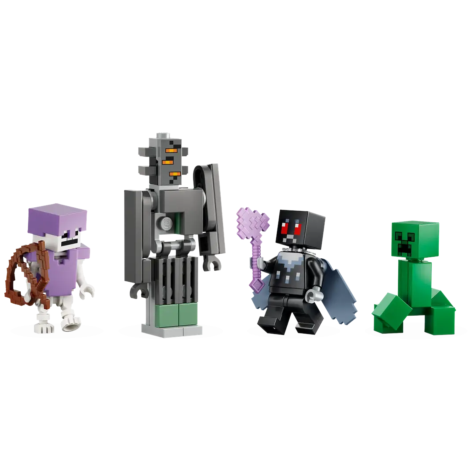 Four Minecraft figures: a purple skeleton with a bow, a large gray robot, a black figure with a purple axe, and a green Creeper.