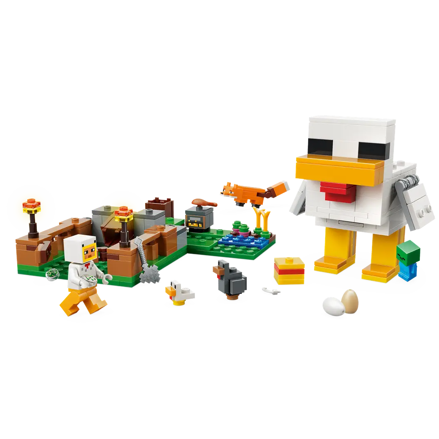 Minecraft Lego set met een gigantische kip, kleine kippen, vos, boerderijstructuren en een figuur met een kippenkop.