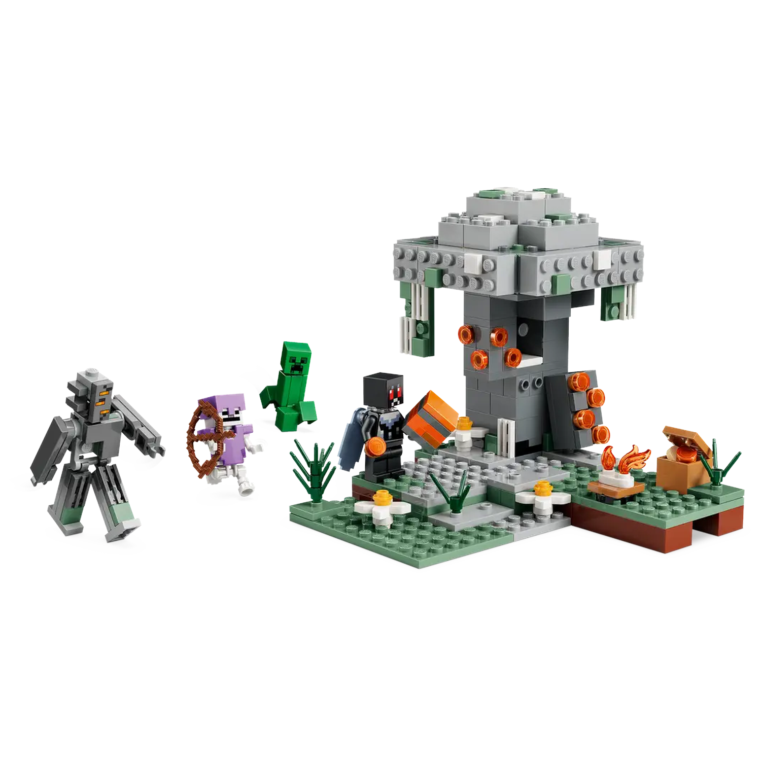 Minecraft Lego set. Includes characters and a tree structure. Characters are near the tree and other structures, all on a green base.
