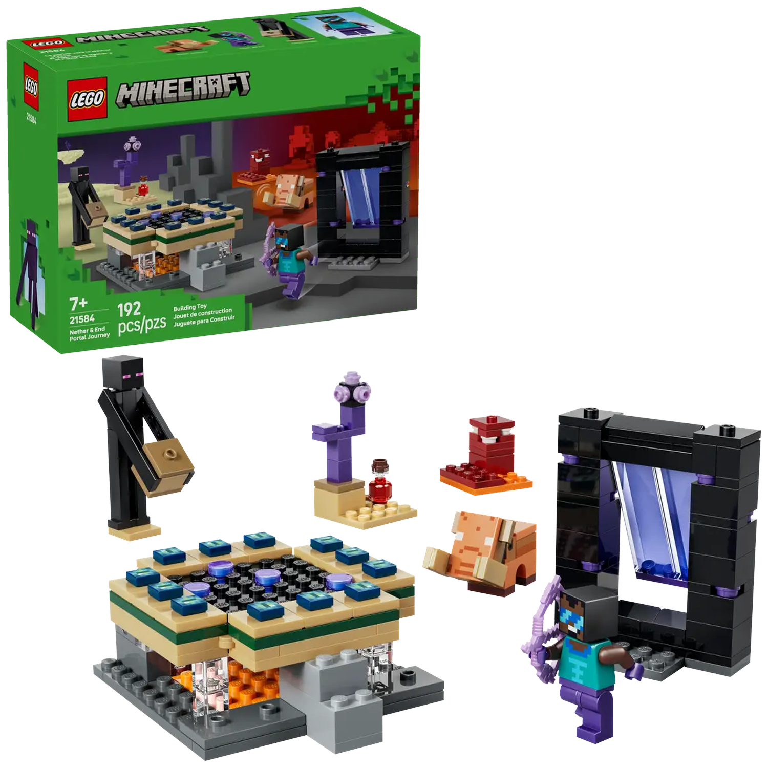 Minecraft Lego set. Includes Enderman, portal, Minecraft characters, and various structures. Boxed with the Lego and Minecraft logos.