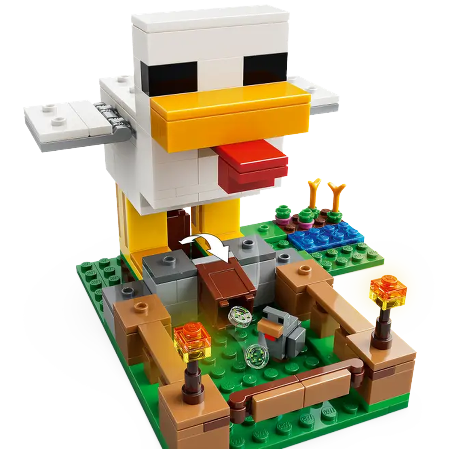 Een Lego Minecraft kippenset. Het heeft een grote witte kippenstructuur, een groene basis en verschillende bruine en grijze structuren.