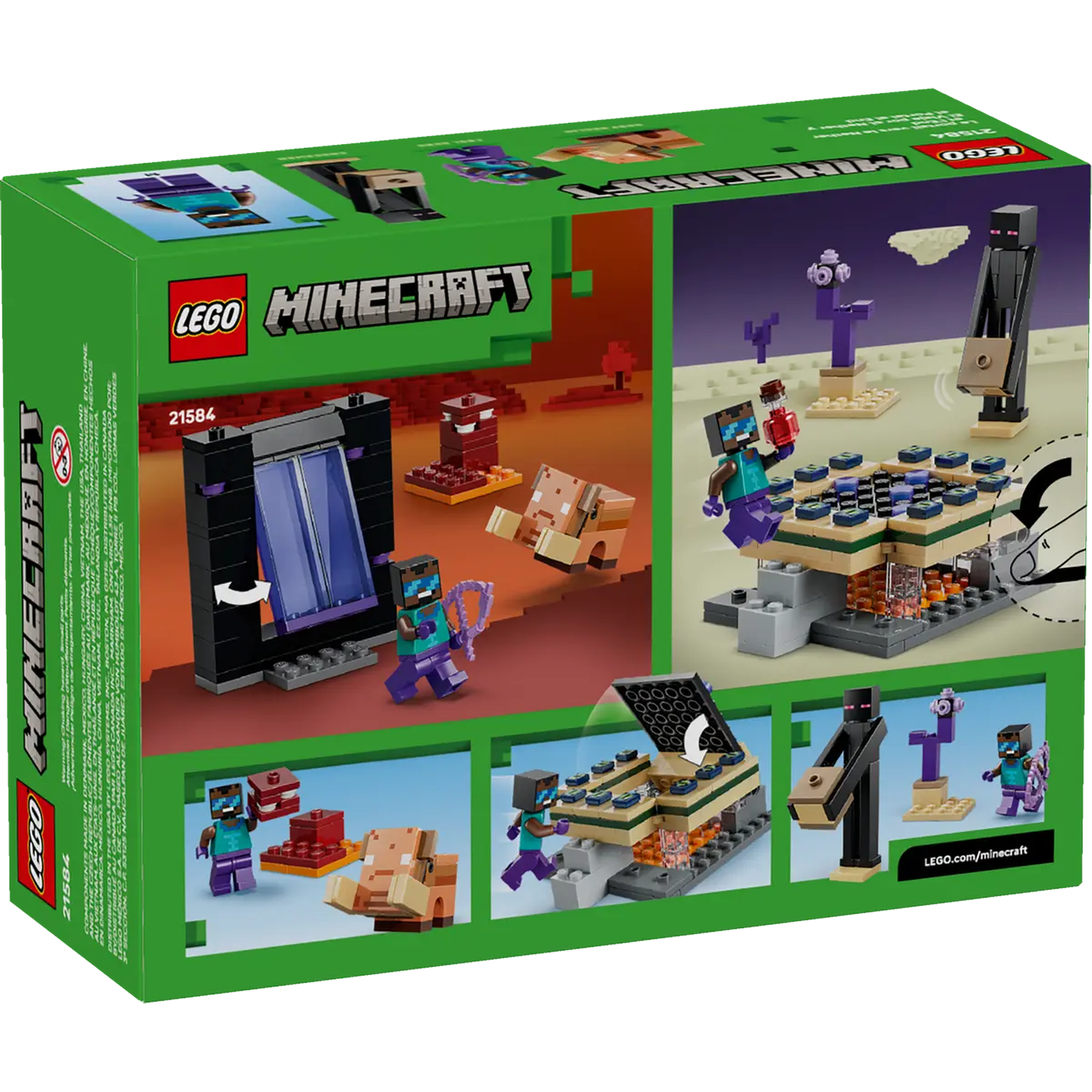 LEGO Minecraft box with various scenes: a portal, characters, and structures. The box is green with the LEGO and Minecraft logos.