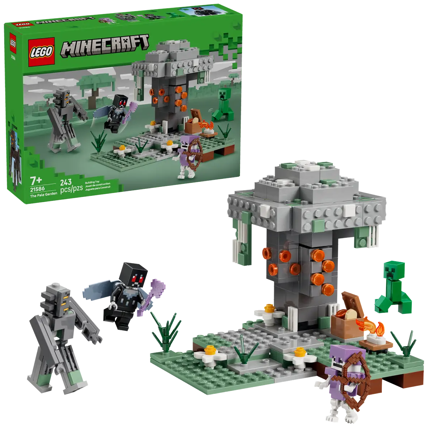 Minecraft Lego set with a gray tree, figures, and a green base. Box shows the set. Figures include a creeper and skeleton.