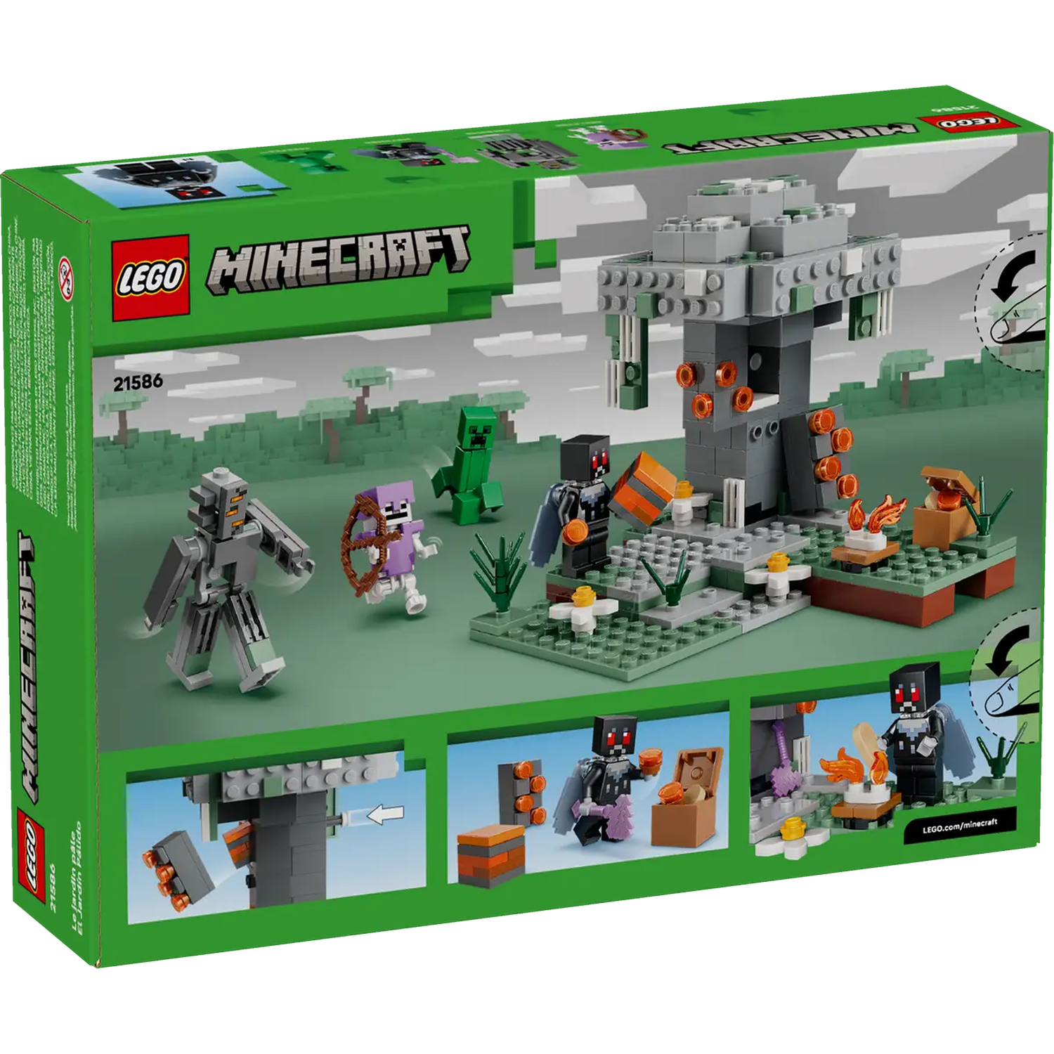 Lego Minecraft box. Features blocky figures: skeleton, Creeper, and others. Scene has a tree, fire and small chests. Green background.
