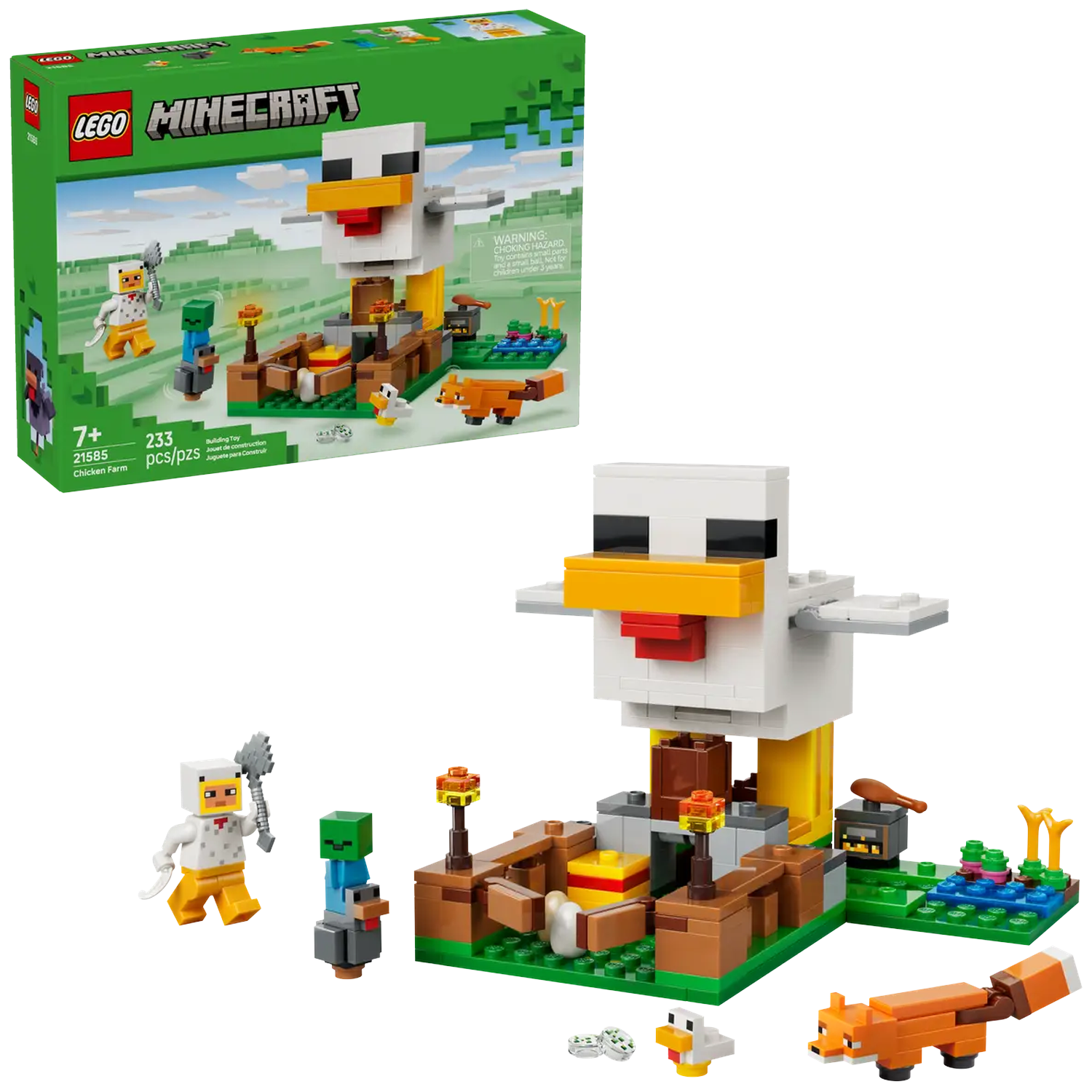 LEGO Minecraft Chicken Farm set. Inclusief kippenstructuur, figuren en accessoires zoals een vos, kip en gereedschap.