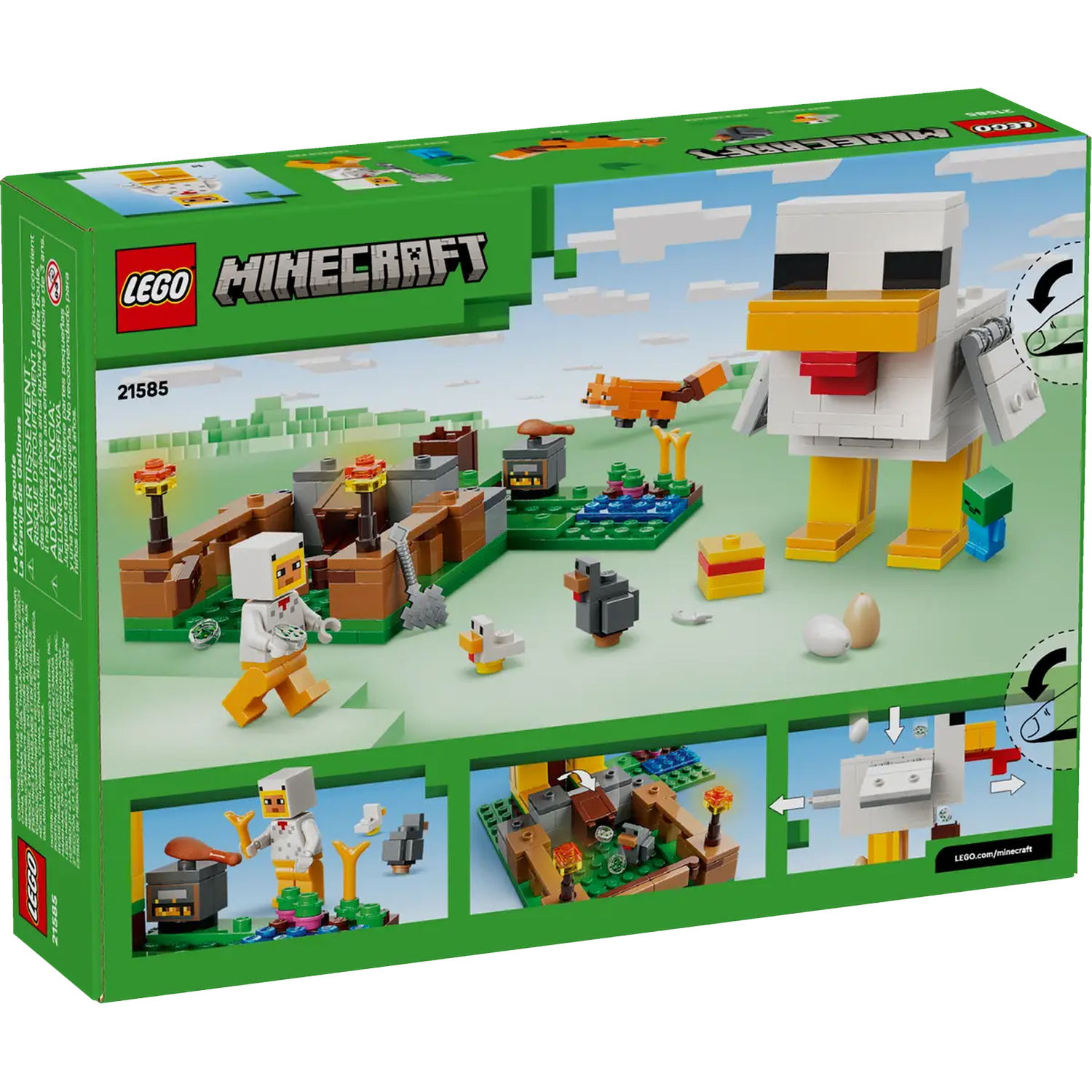 LEGO Minecraft doos. Een grote kippenfiguur, minifiguren en andere Minecraft-wezens zijn afgebeeld op een groene achtergrond. De doos is groen.