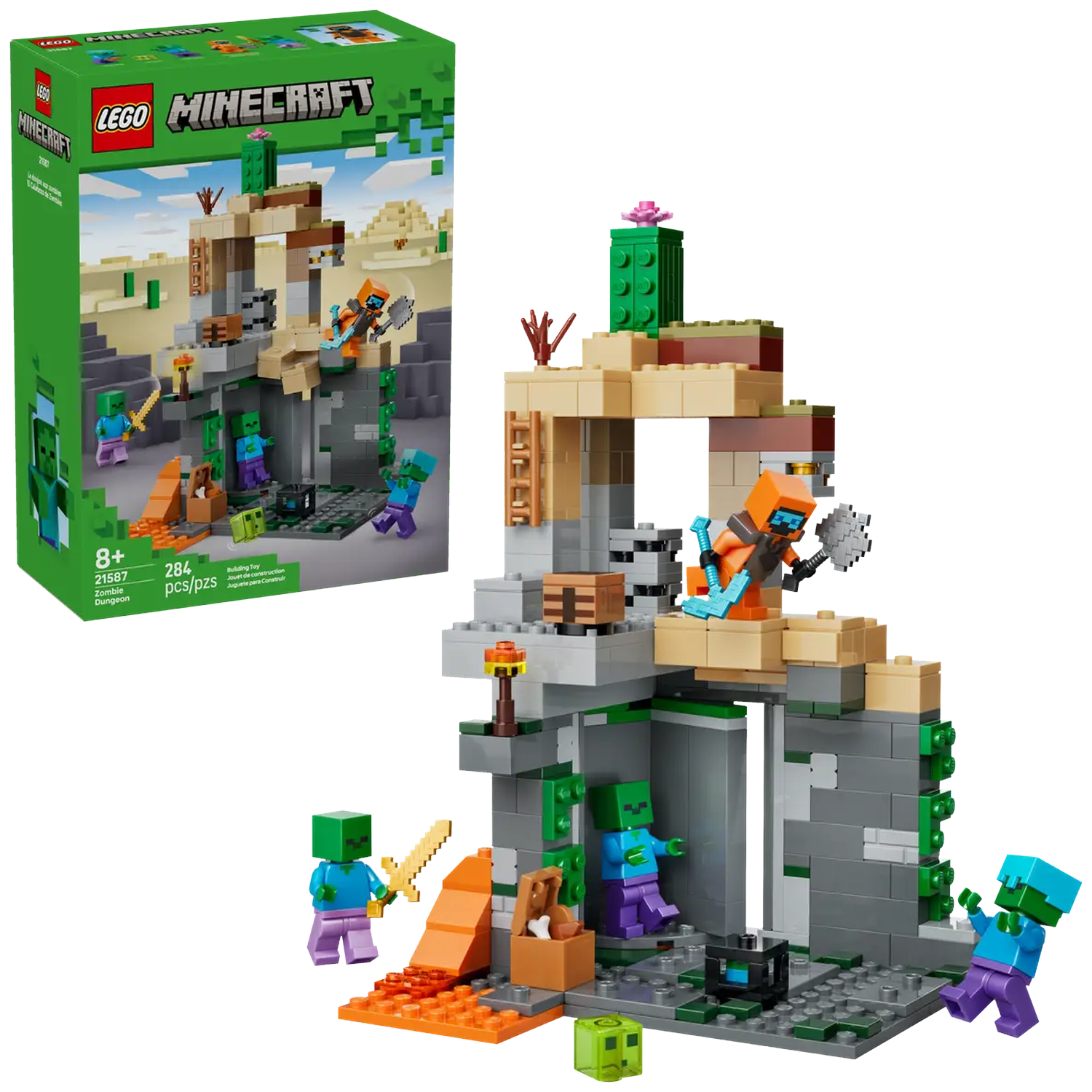 A Lego Minecraft set features zombie figures, an orange-clad character, and a dungeon setting with various blocks and structures.