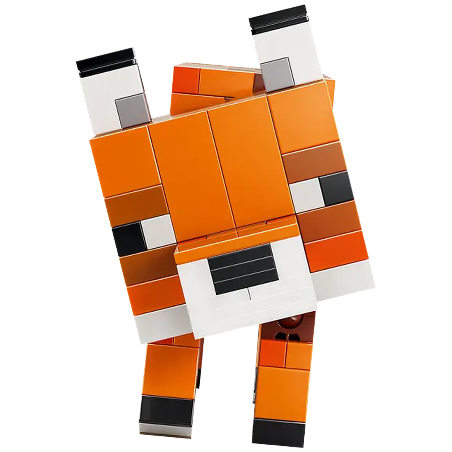 A Minecraft fox made of Lego bricks. It has orange, white, black, and brown blocks. The fox is angled against a white background.