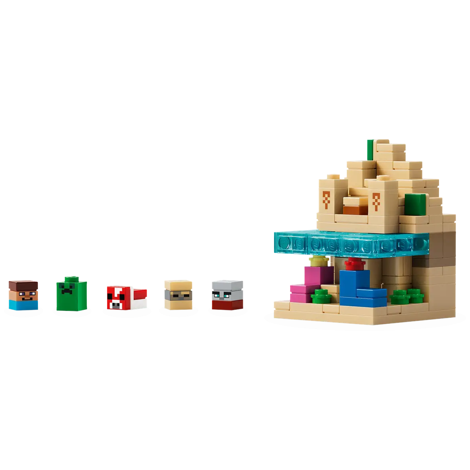 Minecraft Lego set. Includes characters and a structure with tan, blue, green, and pink blocks.