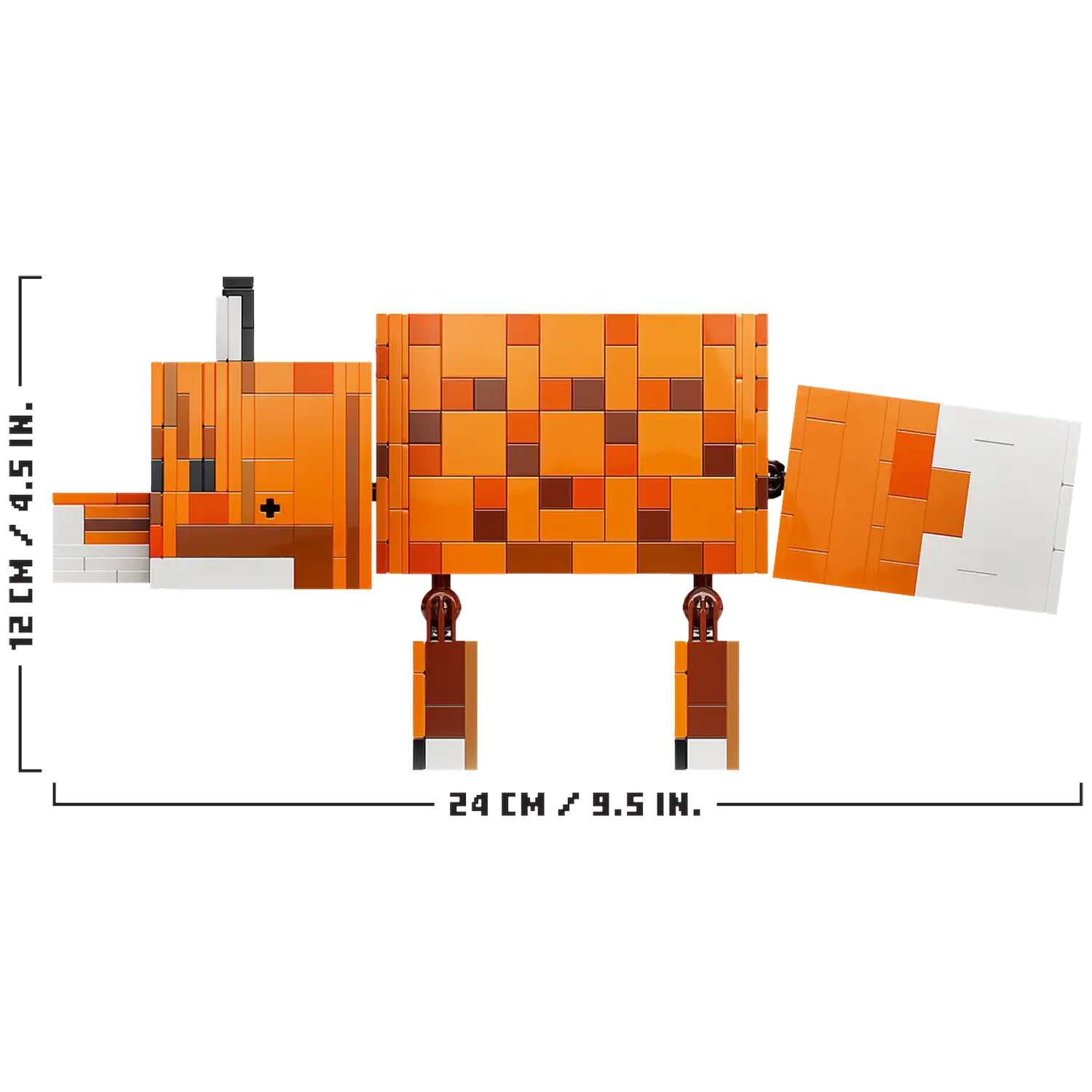 A Lego fox made of orange, brown, and white blocks. It has a long body, a tail, and two legs. Dimensions are 24 cm x 12 cm.