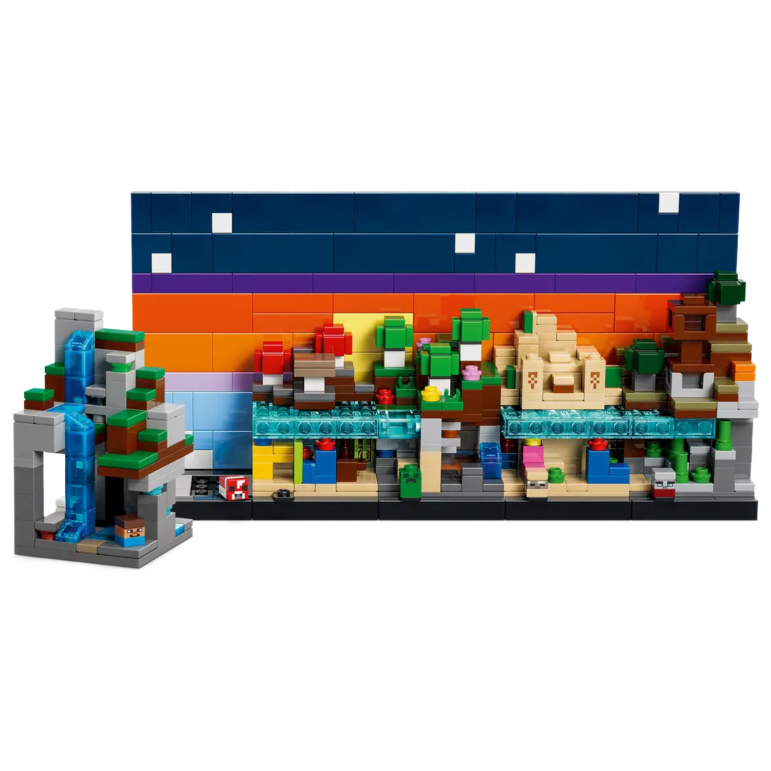 Lego scene with a waterfall, trees, and buildings. The background shows a sunset with a blue sky and white squares.