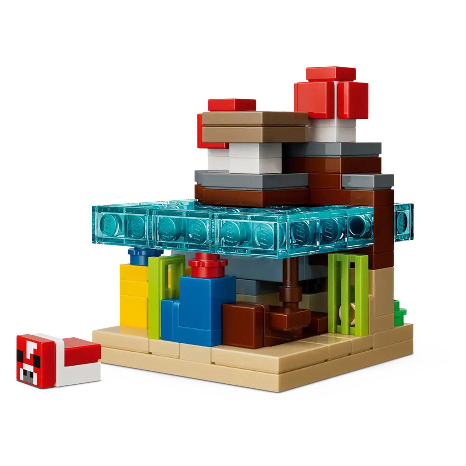 A Minecraft Lego set, featuring a red and white creature and a multi-colored structure made of blocks.