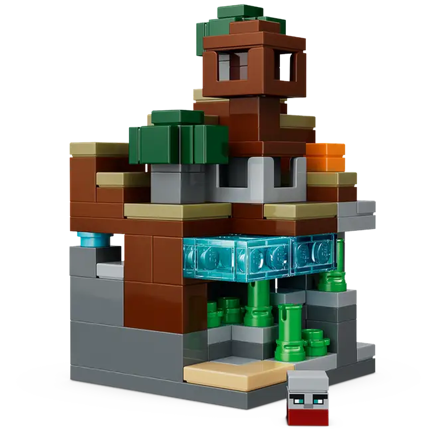 A Minecraft Lego set. It has brown and gray blocks, green trees, a transparent blue section, and a small figure at the bottom.
