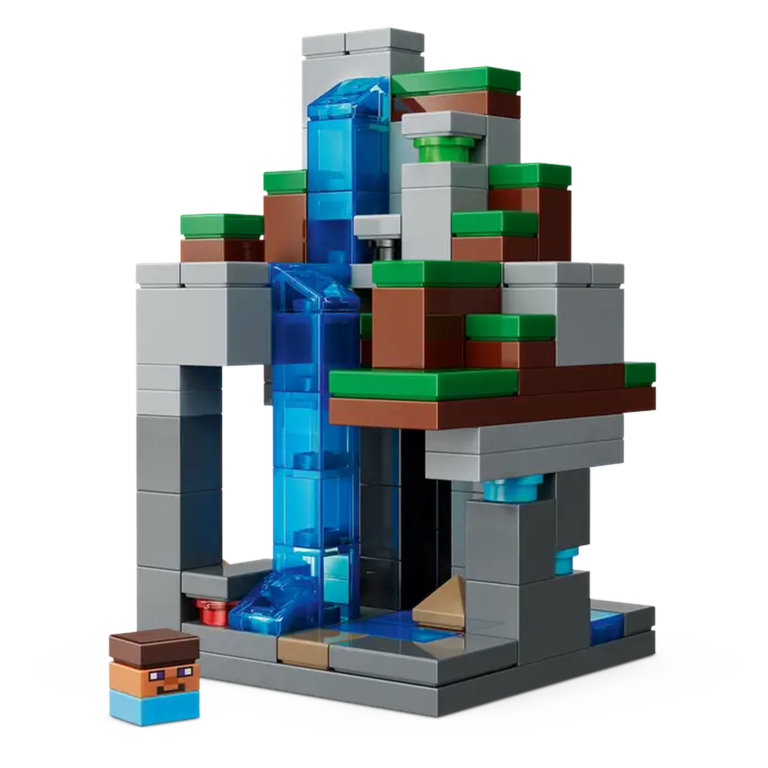 Minecraft set with waterfall, blocks and a character. Brown, green and gray blocks form the structure. A small character stands in front.
