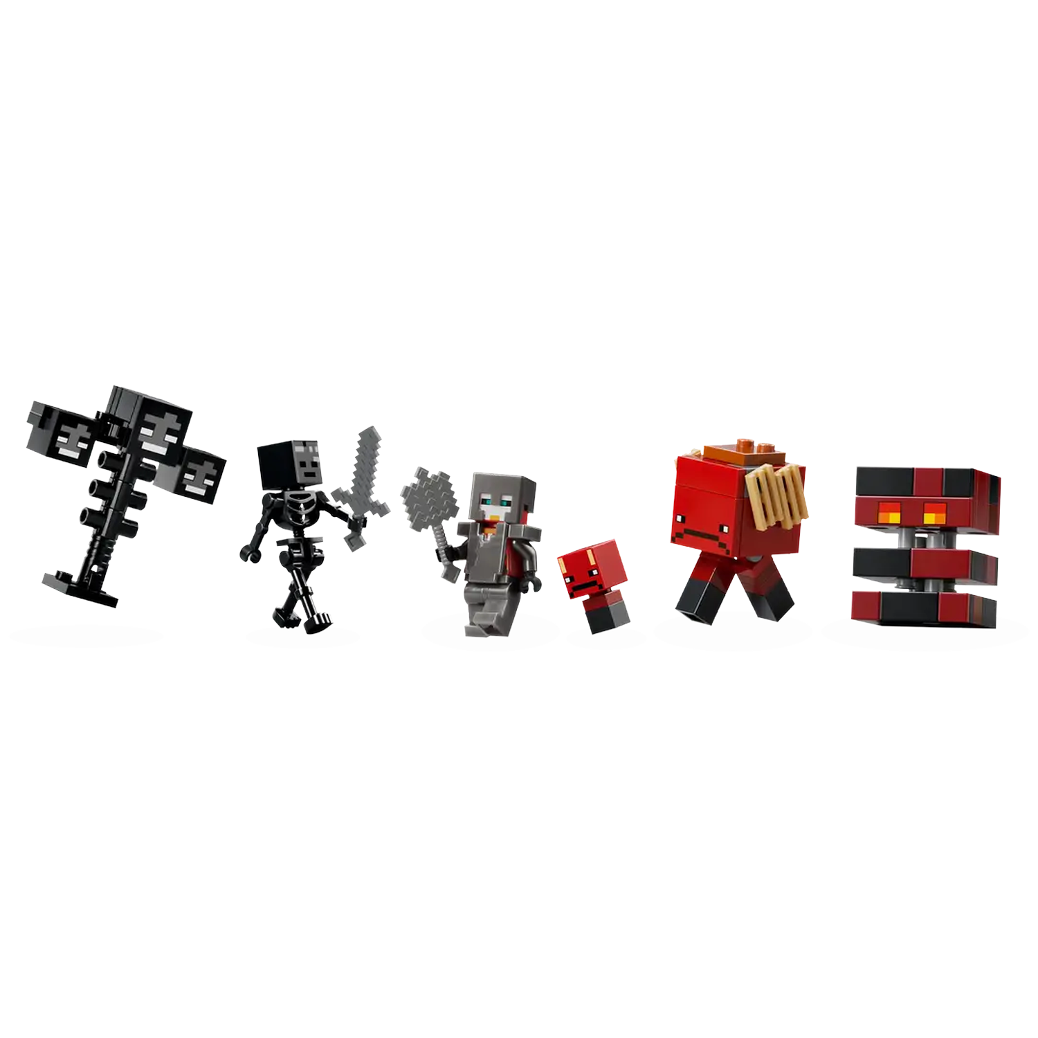 Minecraft Lego figures: Wither, skeleton with sword, character with ax, small cube character, red cube character, and a structure.
