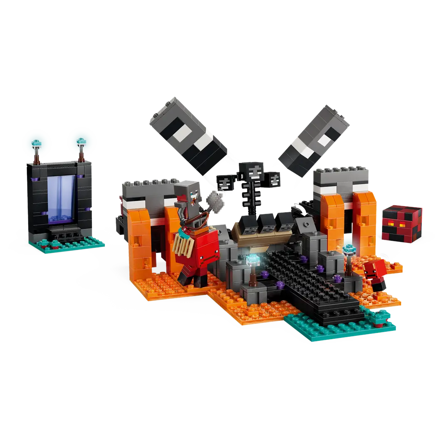 Minecraft Lego set. Scene includes a portal, various characters, Wither, and structures built with blocks. Orange and black color scheme.