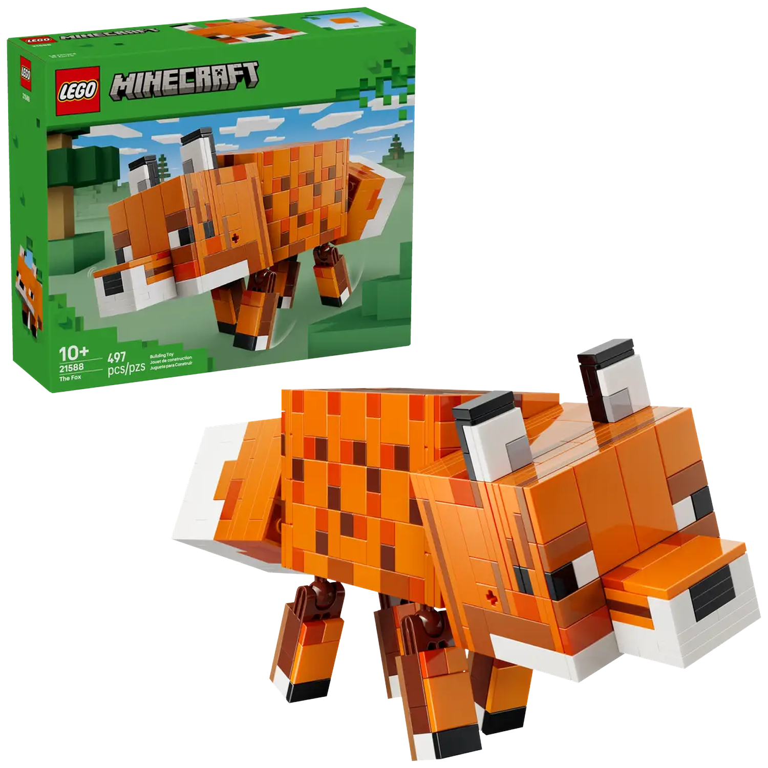 A Lego Minecraft fox, made of orange and brown blocks, is displayed next to its box. The box shows the fox and scenery.