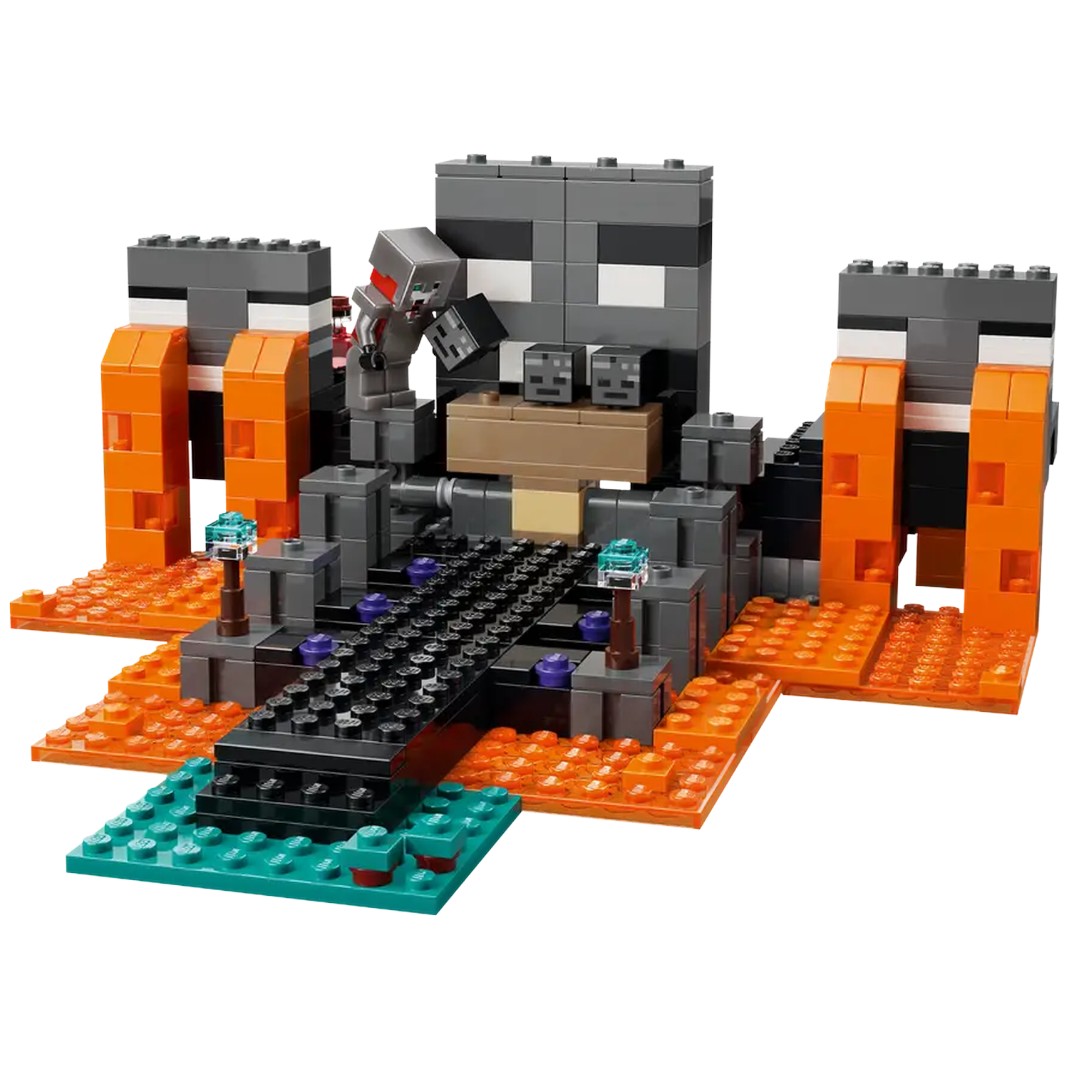 Minecraft Lego set. Gray and orange structures. A bridge leads to a central tower. A character is present, holding a block head.