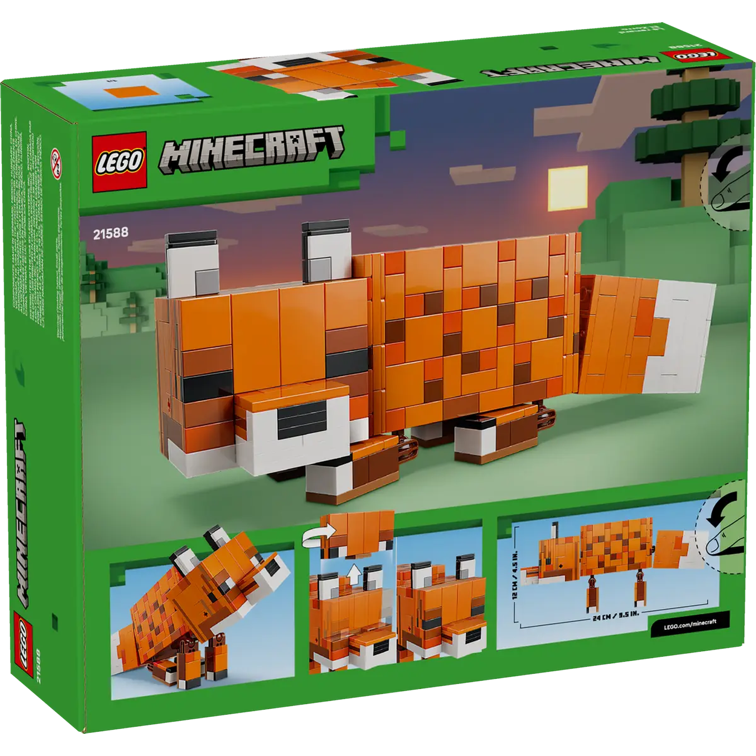 A Lego Minecraft set box featuring a fox made of orange, brown, and white blocks. The background shows a pixelated landscape.