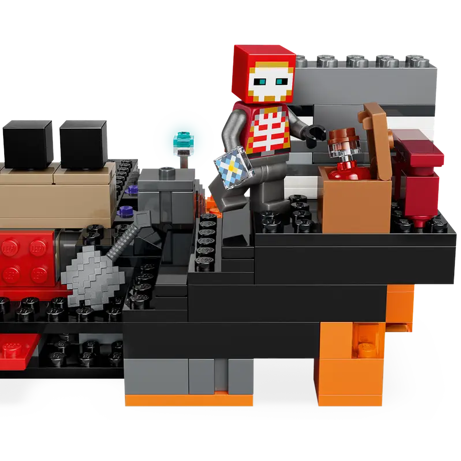 Lego scene with a red-hooded figure holding a card. It's a Minecraft-themed build, featuring blocks and a treasure chest.