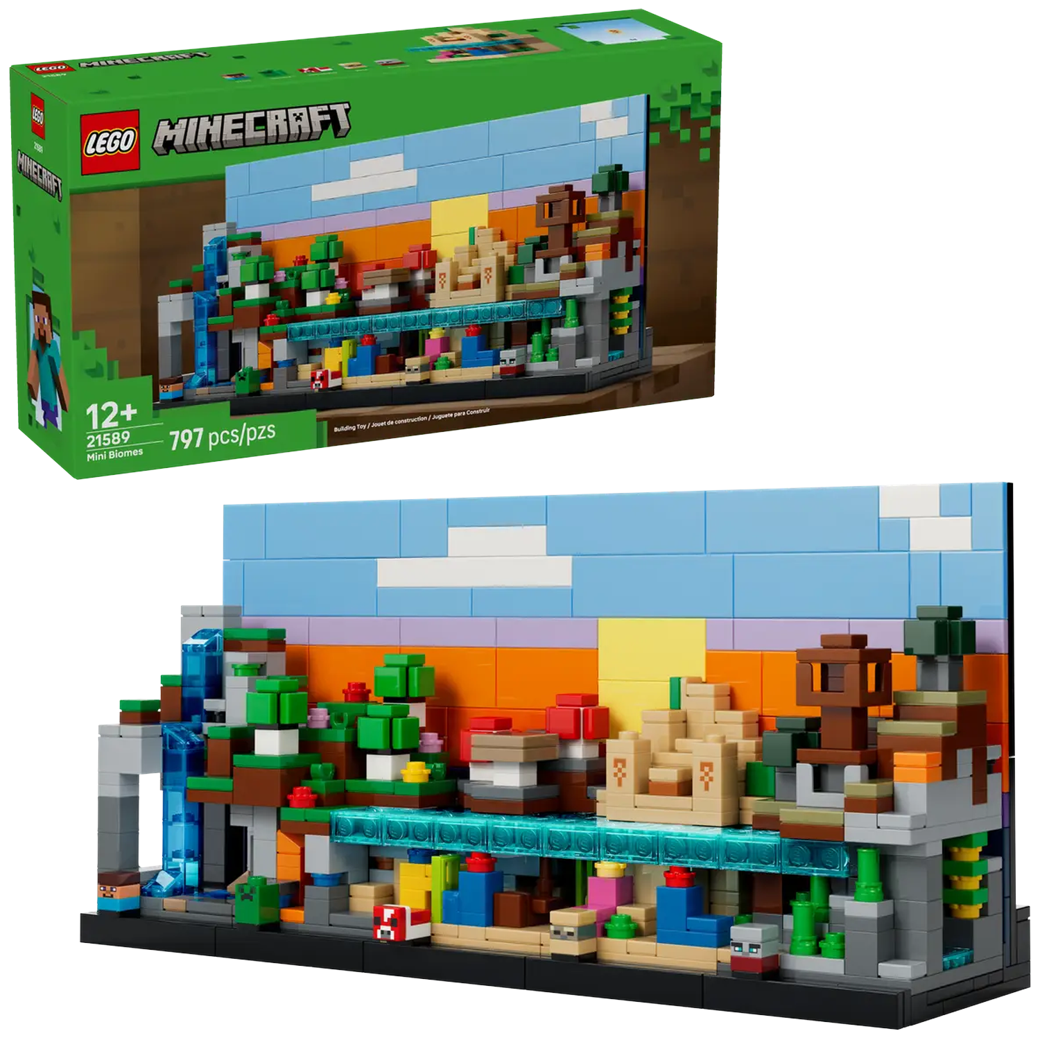 Minecraft LEGO set. A diorama shows a landscape with waterfalls, trees, and buildings made of blocks. The box is in the background.