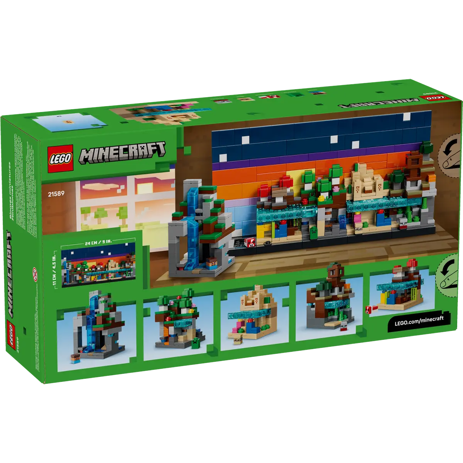 The LEGO Minecraft set box shows a built scene with a waterfall and various structures. The background has a gradient of colors.