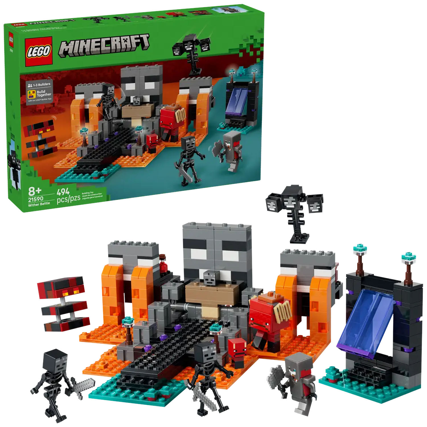 LEGO Minecraft set 'Wither Battle'. Includes figures, structures, and accessories. Features lava, skeletons, and a portal.
