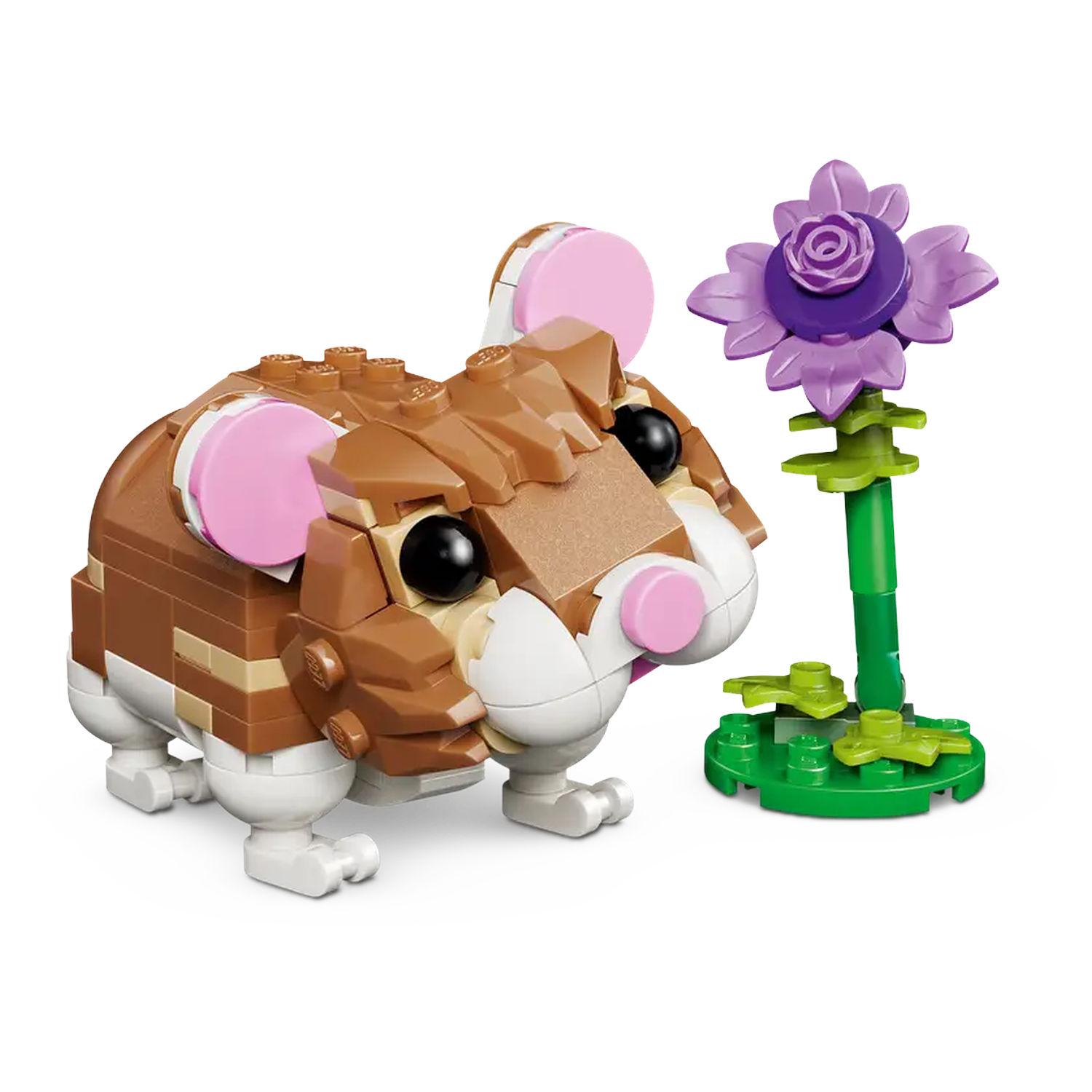 A Lego hamster with brown and white body, pink ears, and black eyes. A purple flower with green stem is on the right.