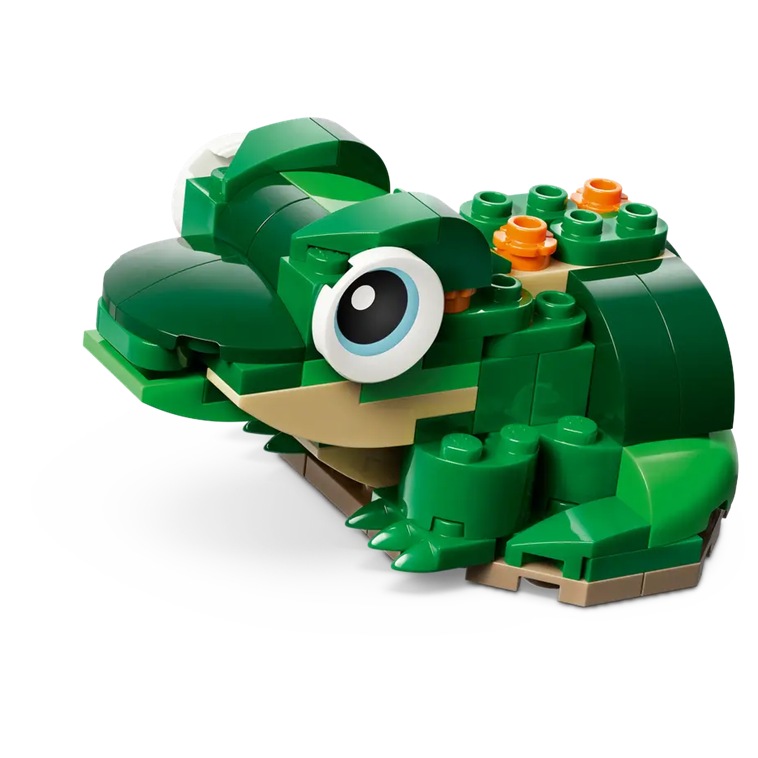 A Lego frog made of green and beige blocks. It has big eyes and orange details on its back.