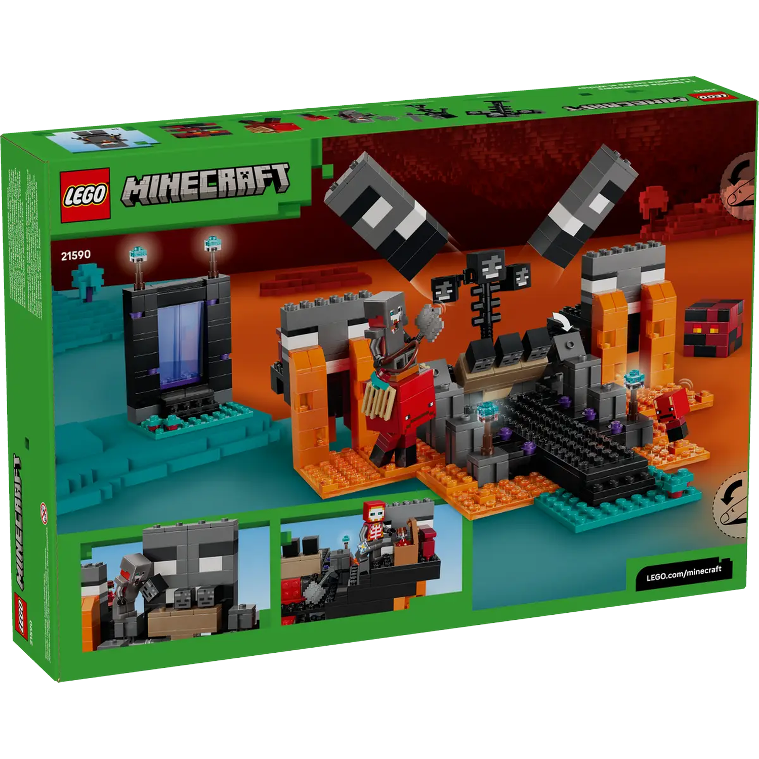 LEGO Minecraft set box. Scenes of Minecraft characters and structures, including a portal, a Wither, and lava-like terrain.