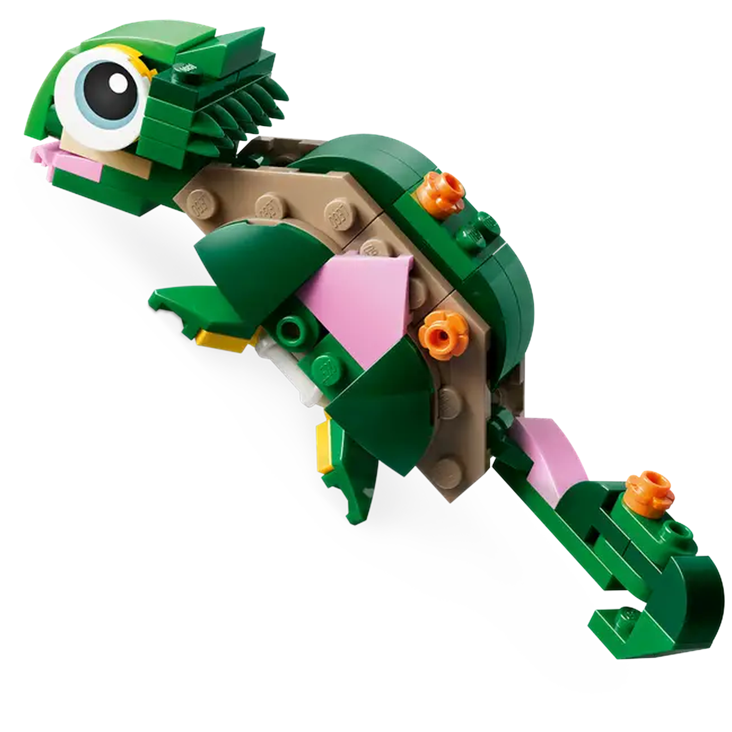 A Lego chameleon made of green, pink, and tan blocks. It has a large eye, a long tail, and orange flower-like details.
