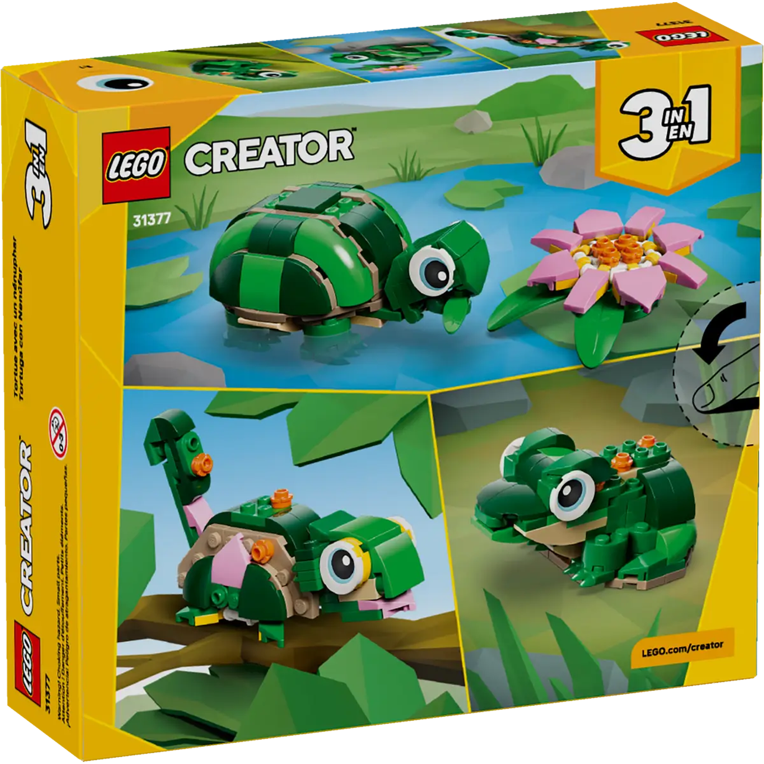 LEGO Creator box set with a green turtle, a pink and green lily, and a green frog, all made of LEGO bricks.
