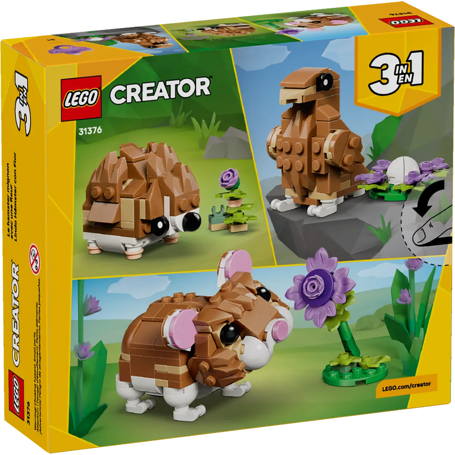 A Lego box shows three hamster models with flowers. The box is yellow and has the Lego Creator logo and the number 31376.