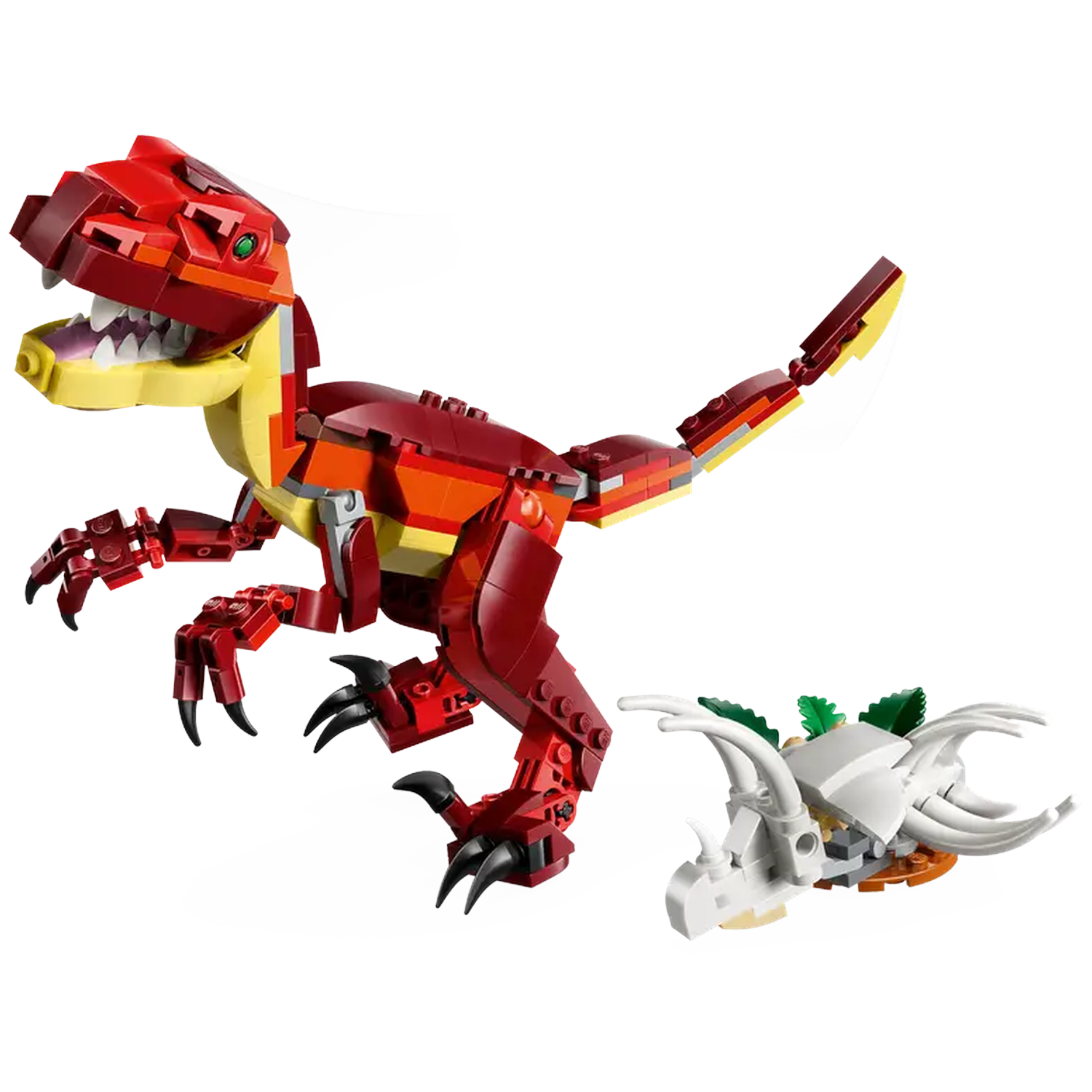 A Lego dinosaur in red, yellow, and orange next to a white Triceratops. Both are on a white background. 