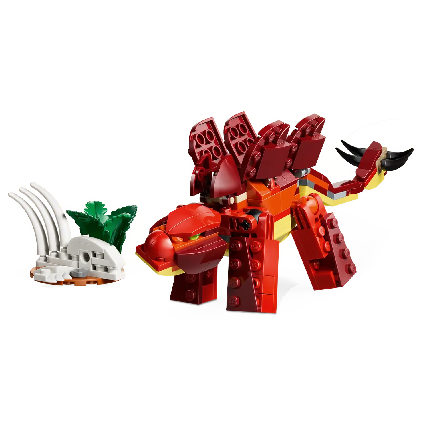 A red Lego dinosaur with orange and yellow details stands near a white and green Lego plant. White background.