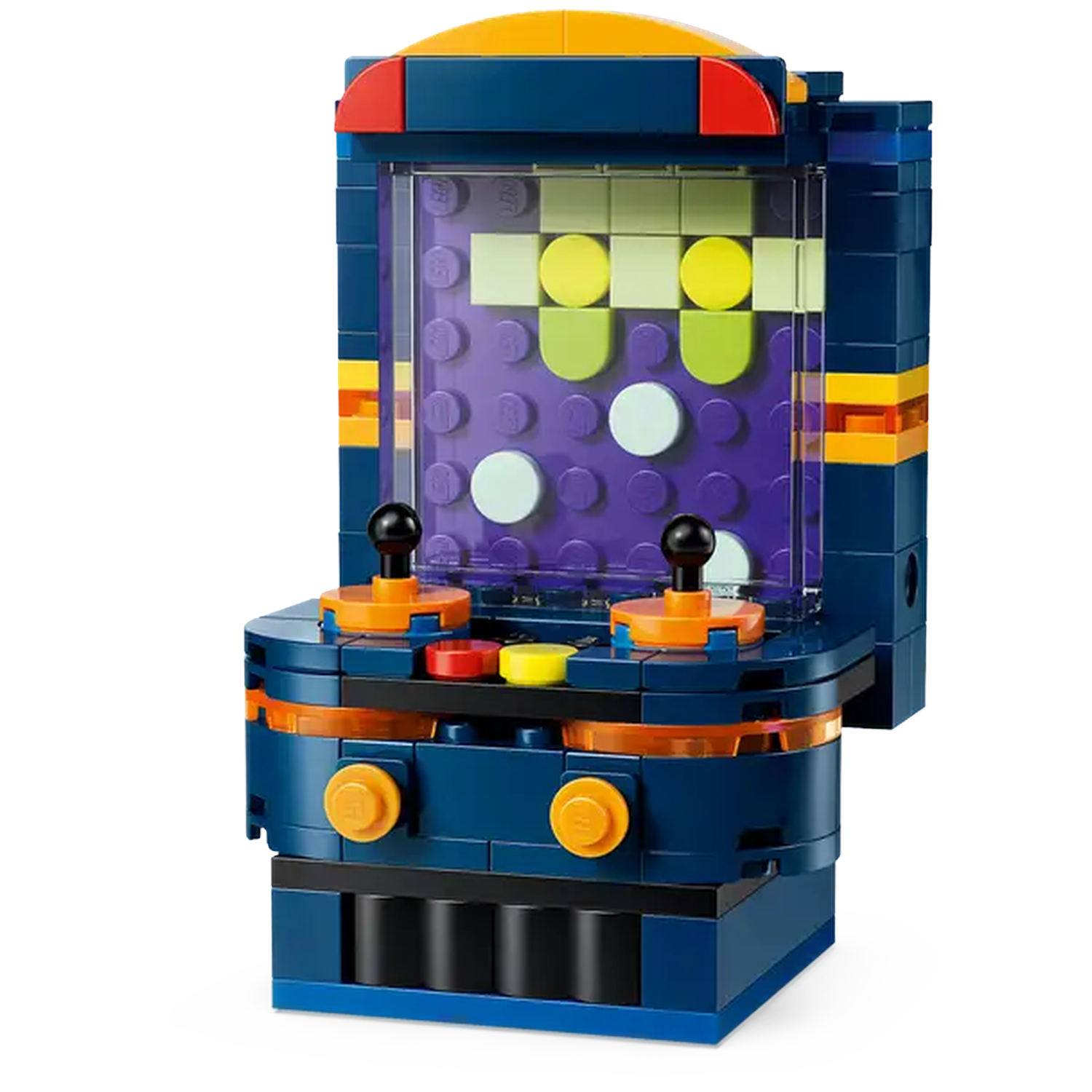 A Lego arcade machine, blue with orange and yellow accents. It has joysticks, buttons, and a screen with colored blocks.