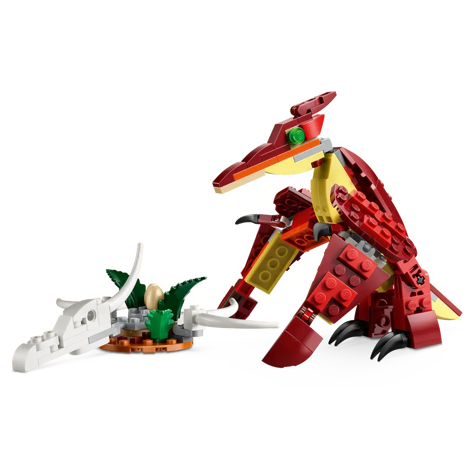 A Lego pterodactyl with red and yellow wings stands near a nest with eggs. A white skeleton is next to the nest.